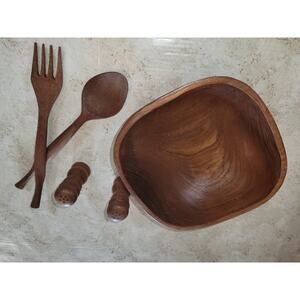 Aristacraft Vintage Wooden Bowl Serving Spoon And Fork And Salt Pepper...